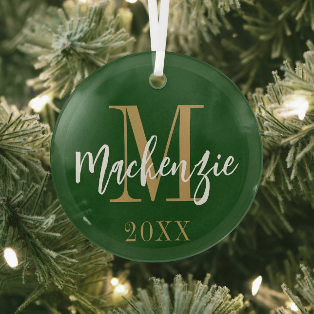 Modern Monogram Name Custom Colour Keepsake Glass Tree Decoration (Insitu)