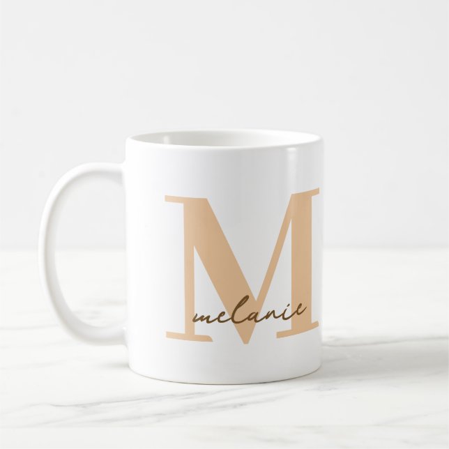 Modern Monogram Name Gift Peach White Coffee Mug (Left)