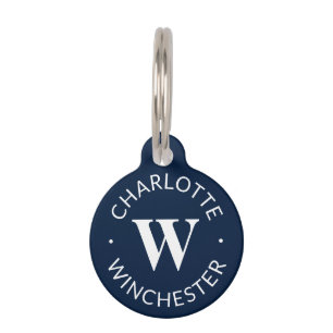 Modern monogram name Info dark navy blue white Pet Tag