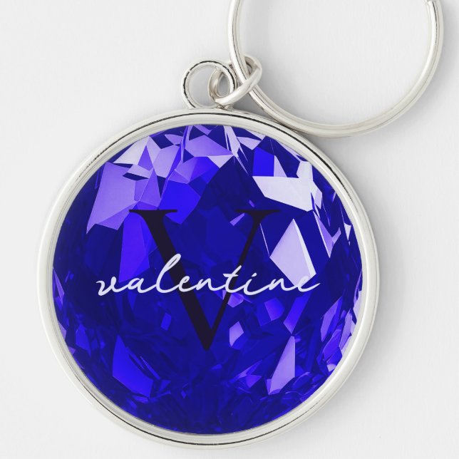 Modern Monogram Name Initial Sapphire Blue Premium Key Ring (Front)