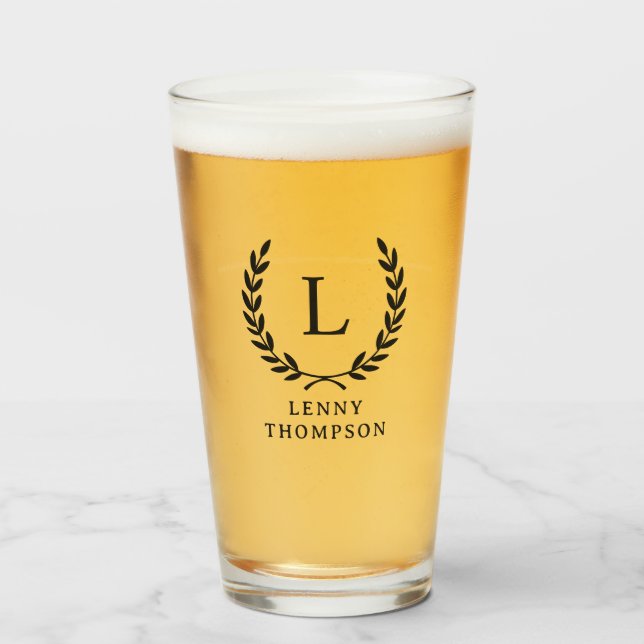 Modern Monogram Name Initial Wreath Greek Key Glass (Front Filled)