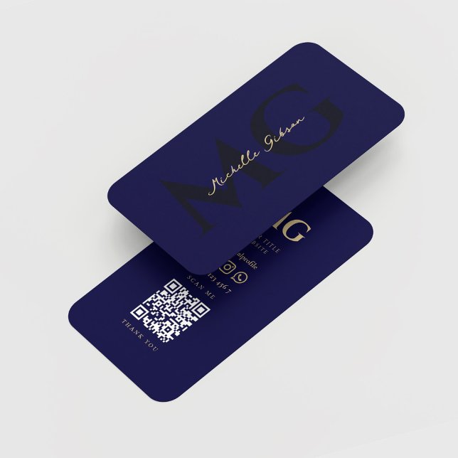 Modern Monogram Name Initials Midnight Blue QR Business Card (Modern Monogram Name Initials Midnight Blue QR)