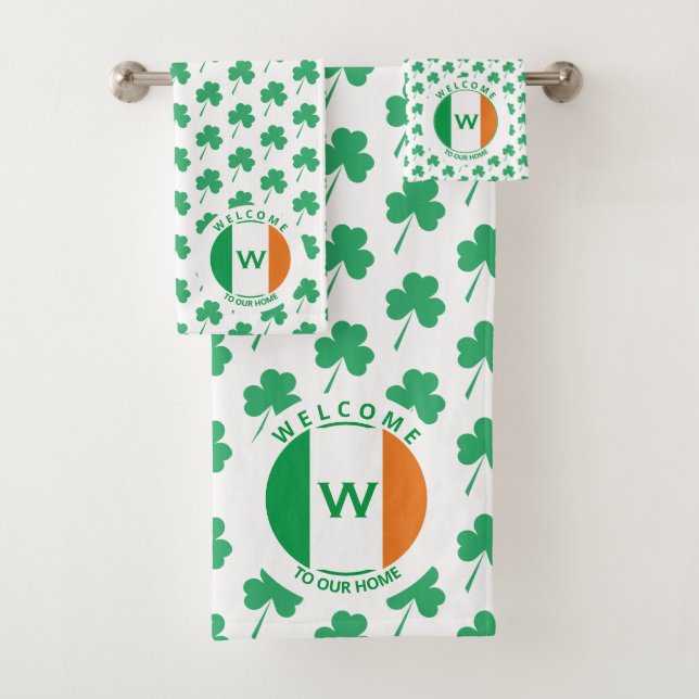 Modern Monogram Name Irish Flag Shamrock Bath Towel Set (Insitu)