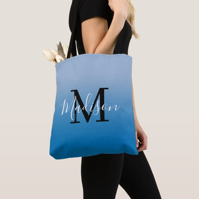 Modern Monogram Name Light to Dark Blue Gradient Tote Bag (Close Up)