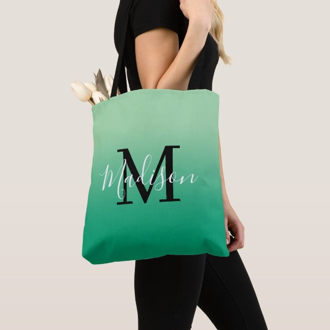 Modern Monogram Name Light to Dark Green Gradient Tote Bag (Close Up)