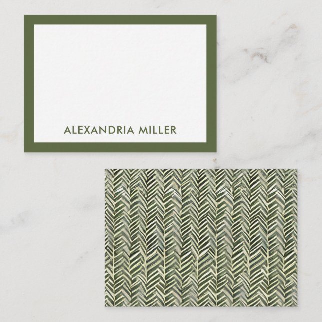 Modern Monogram Name Olive Herringbone Card (Front/Back)