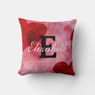 Modern Monogram Name on Red Pink White Hearts Lar Cushion