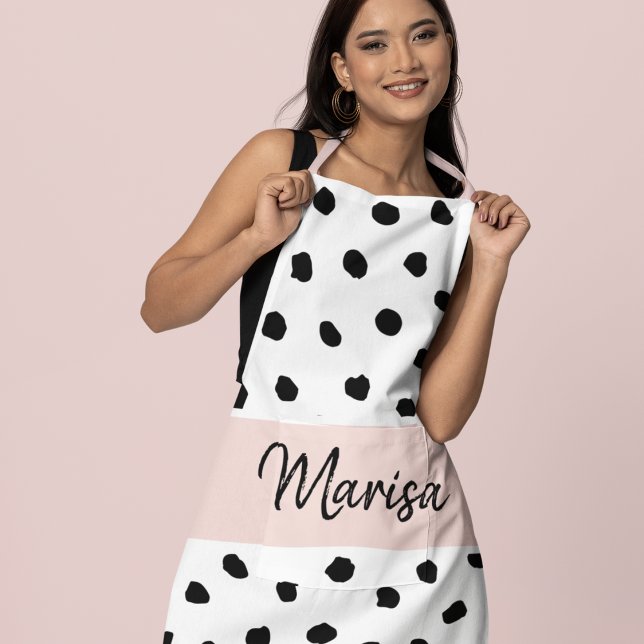 Modern Monogram Name | Pastel Pink & Black Dots Apron (Creator Uploaded)