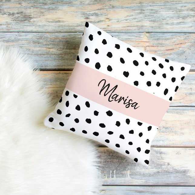 Modern Monogram Name | Pastel Pink & Black Dots Cushion (Creator Uploaded)