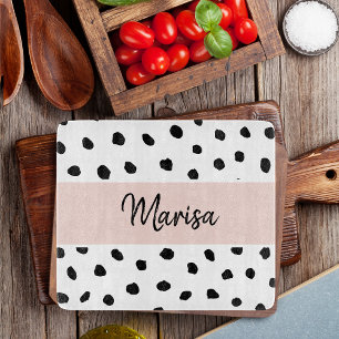 Modern Monogram Name   Pastel Pink & Black Dots Cutting Board