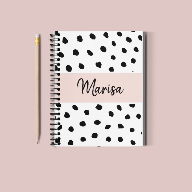 Modern Monogram Name | Pastel Pink & Black Dots Notebook (Creator Uploaded)