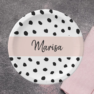 Modern Monogram Name   Pastel Pink & Black Dots Paper Plate
