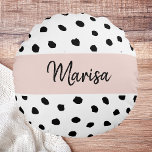 Modern Monogram Name | Pastel Pink & Black Dots Round Cushion<br><div class="desc">Modern Monogram Name | Pastel Pink & Black Dots</div>