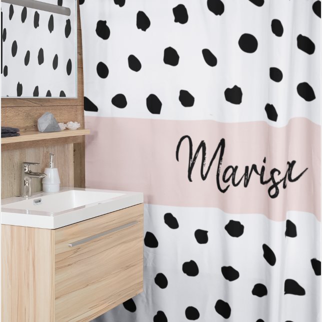 Modern Monogram Name | Pastel Pink & Black Dots Shower Curtain (Creator Uploaded)