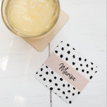 Modern Monogram Name | Pastel Pink & Black Dots Square Paper Coaster<br><div class="desc">Modern Monogram Name | Pastel Pink & Black Dots</div>