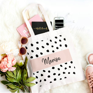 Modern Monogram Name   Pastel Pink & Black Dots Tote Bag