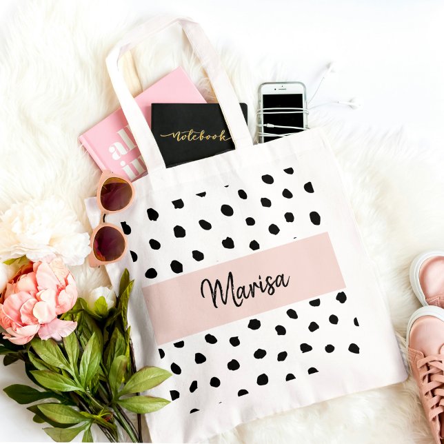 Modern Monogram Name | Pastel Pink & Black Dots Tote Bag (Creator Uploaded)