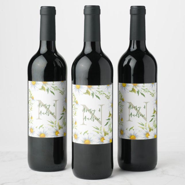 Modern Monogram Name Personalised Floral Wine Label (Bottles)