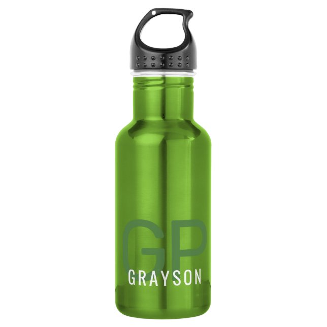 Modern Monogram Name Personalised Small Green 532 Ml Water Bottle (Front)
