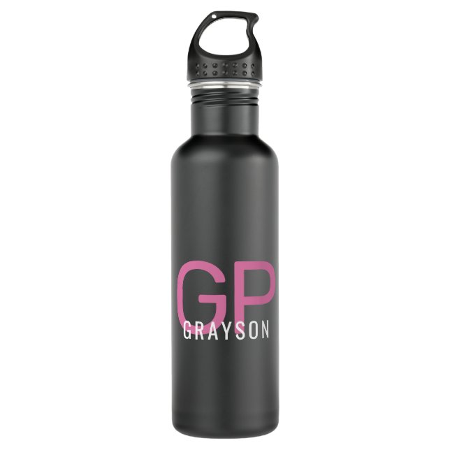 Modern Monogram Name Pink Black Personalised  710 Ml Water Bottle (Front)