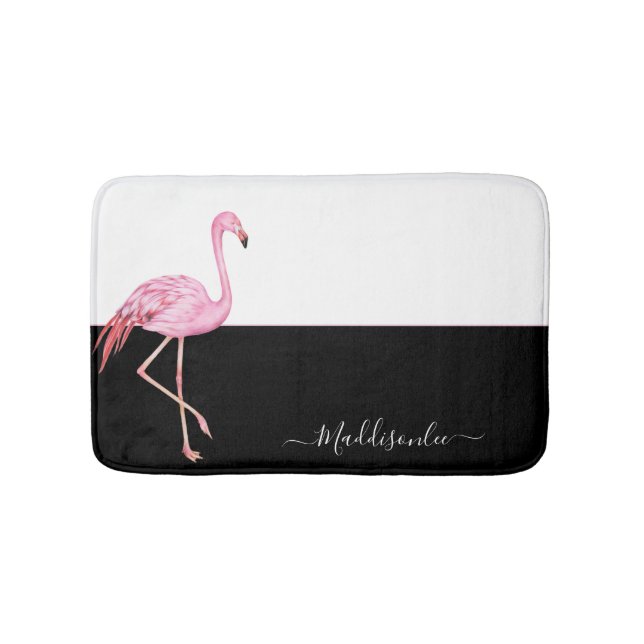 Modern  Monogram Name Pink Flamingo Black Bath Mat (Front)