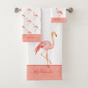 Modern  Monogram Name Pink Flamingo Blue  Bath Tow Bath Towel Set