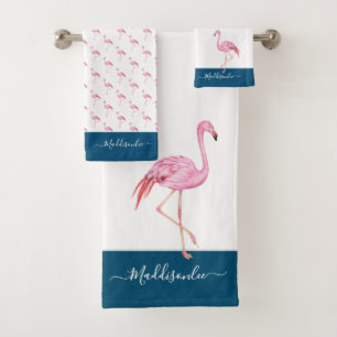 Modern Monogram Name Pink Flamingo Blue Bath Towel Set