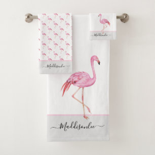 Modern  Monogram Name Pink Flamingo Grey Bath Towel Set