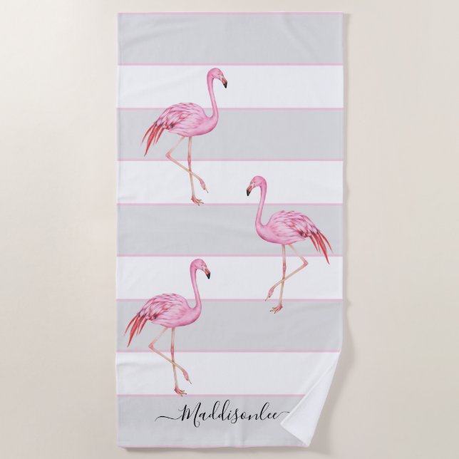 Modern  Monogram Name Pink Flamingo Grey Beach Towel (Front)