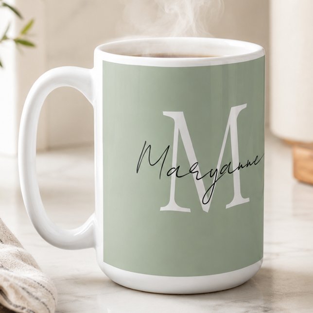 Modern Monogram Name Sage Green Coffee Mug (Creator Uploaded)