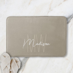 Modern Monogram Name Script Beige Bath Mat