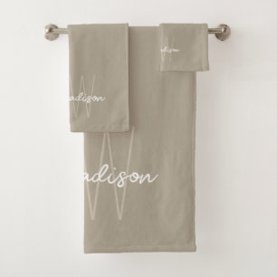 Modern Monogram Name Script Beige Bath Towel Set