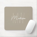 Modern Monogram Name Script Beige Mouse Pad<br><div class="desc">Upgrade your workspace with this Modern Monogram Name Script Mouse Pad, designed for style and function. Personalise it with your initials and name in an elegant script font, creating a sleek and professional look. This custom mouse pad is perfect for home offices, corporate desks, and students who want a unique...</div>