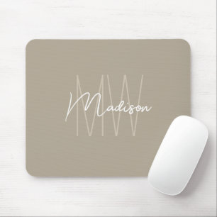 Modern Monogram Name Script Beige Mouse Pad