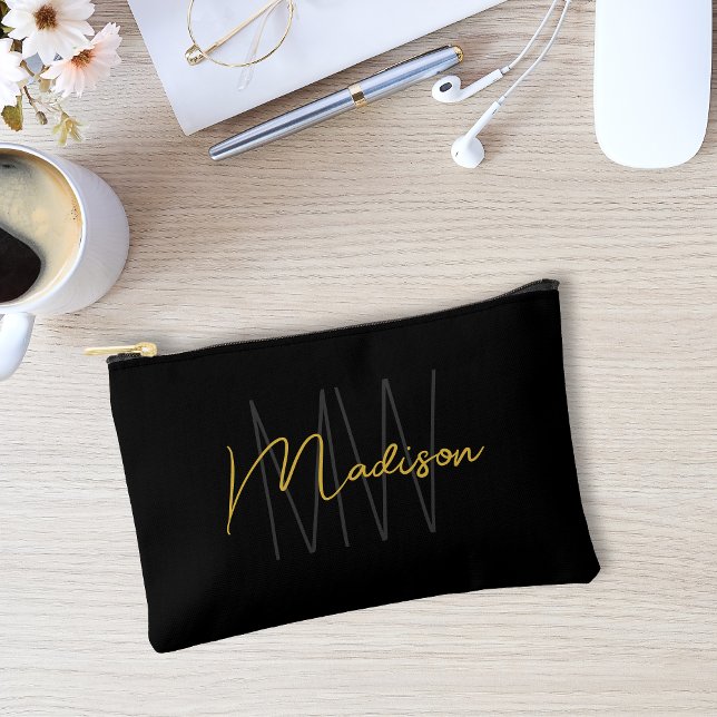 Modern Monogram Name Script Black Gold Accessory Pouch (Modern Monogram Name Script Black Gold Accessory Pouch)