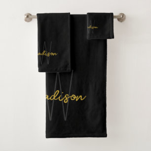 Modern Monogram Name Script Black Gold Bath Towel Set