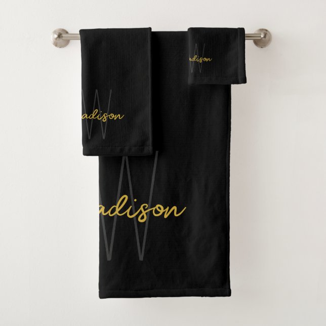 Modern Monogram Name Script Black Gold Bath Towel Set (Insitu)