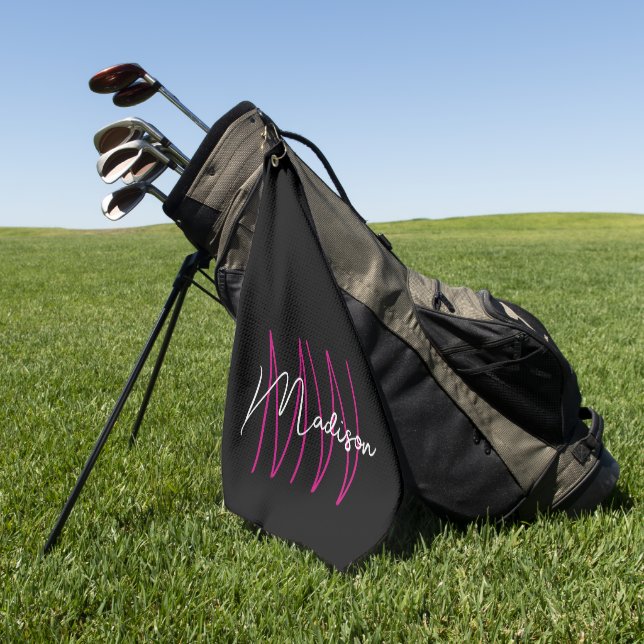 Modern Monogram Name Script Black Pink Golf Towel (Green)
