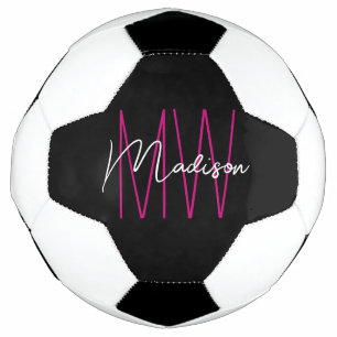 Modern Monogram Name Script Black Pink Soccer Ball