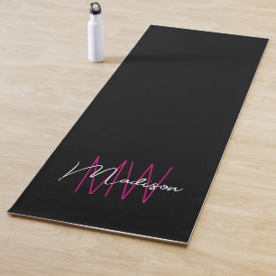Modern Monogram Name Script Black Pink Yoga Mat