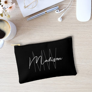 Modern Monogram Name Script Black White Accessory Pouch