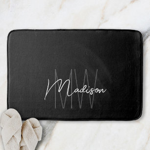 Modern Monogram Name Script Black White Bath Mat
