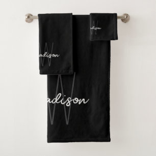 Modern Monogram Name Script Black White Bath Towel Set