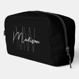 Modern Monogram Name Script Black White Dopp Kit