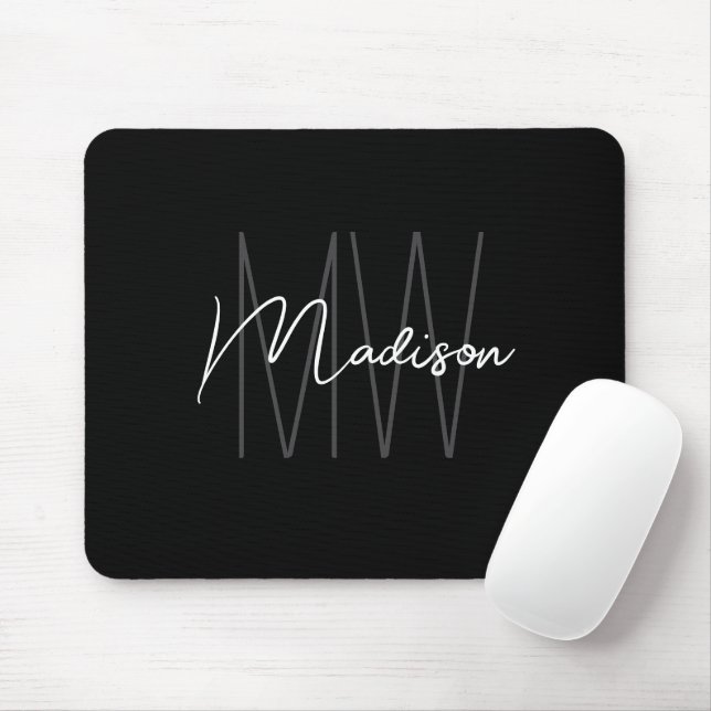 Modern Monogram Name Script Black White Mouse Pad (With Mouse)