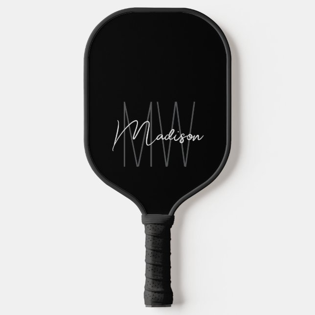 Modern Monogram Name Script Black White Pickleball Paddle (Front)