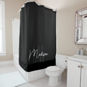Modern Monogram Name Script Black White Shower Curtain