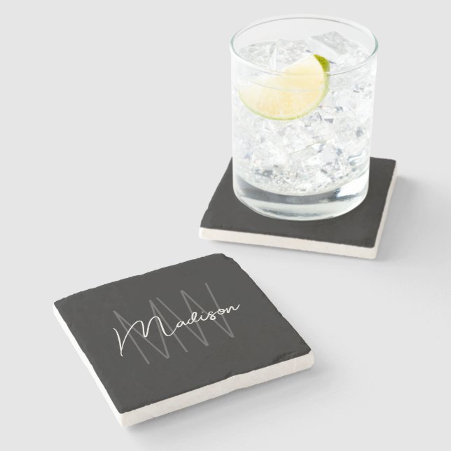 Modern Monogram Name Script Black White Stone Coaster (Side)