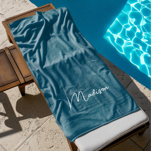 Modern Monogram Name Script Blue Beach Towel