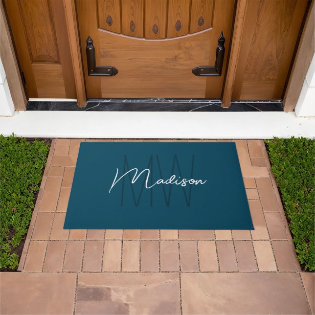 Modern Monogram Name Script Blue Doormat (Outdoor)